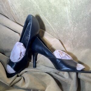 Ralph Lauren Black Leather Peep-Toe Stiletto Heels
